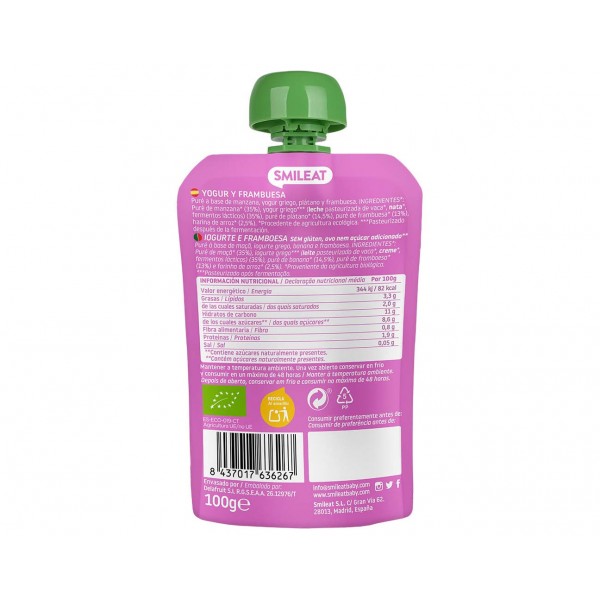 SMILEAT POUCH YOGUR Y FRAMBUESA 100GR