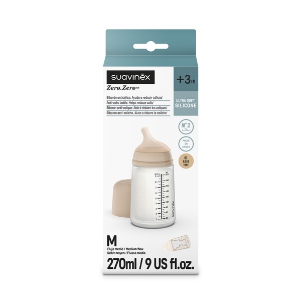Suavinex Zero Zero Biberón Anticólico Silicona +3 Meses Flujo Medio 270 ml